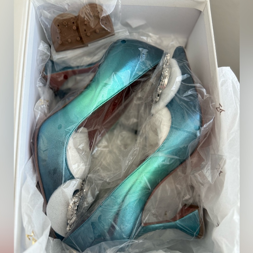 Amina Muaddi Iridescent Blue Heels - Picture 3 of 4